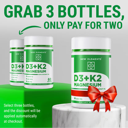 New Elements Vitamin D3 K2 10,000 IU with Magnesium Glycinate 500mg - Bone Health, Immune Support, Energy & Mood - Non-GMO, Gluten-Free, Sugar-Free Softgels for Women & Men (60 softgels)