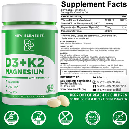 New Elements Vitamin D3 K2 10,000 IU with Magnesium Glycinate 500mg - Bone Health, Immune Support, Energy & Mood - Non-GMO, Gluten-Free, Sugar-Free Softgels for Women & Men (60 softgels)
