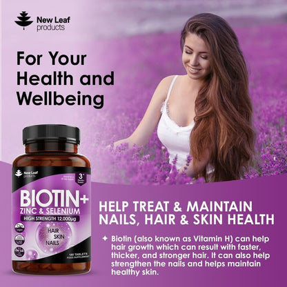 Biotin Hair Growth Vitamins 12000mcg – High Strength, Coconut Oil | Vegan & UK Made | New Leaf