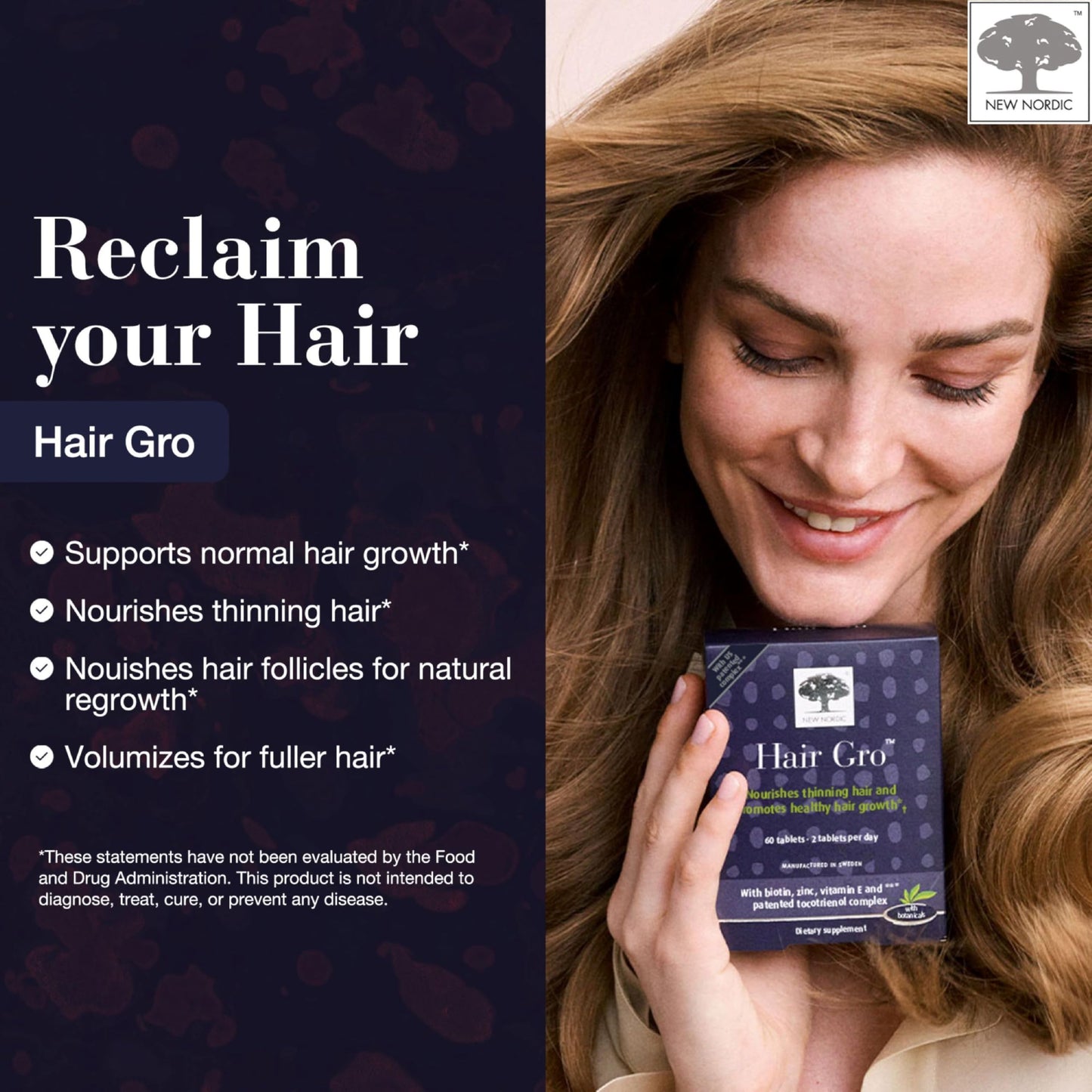 NEW NORDIC Hair GRO – Hair Growth Supplement with Biotin & Palm Tocotrienols (3 x 60 Count)