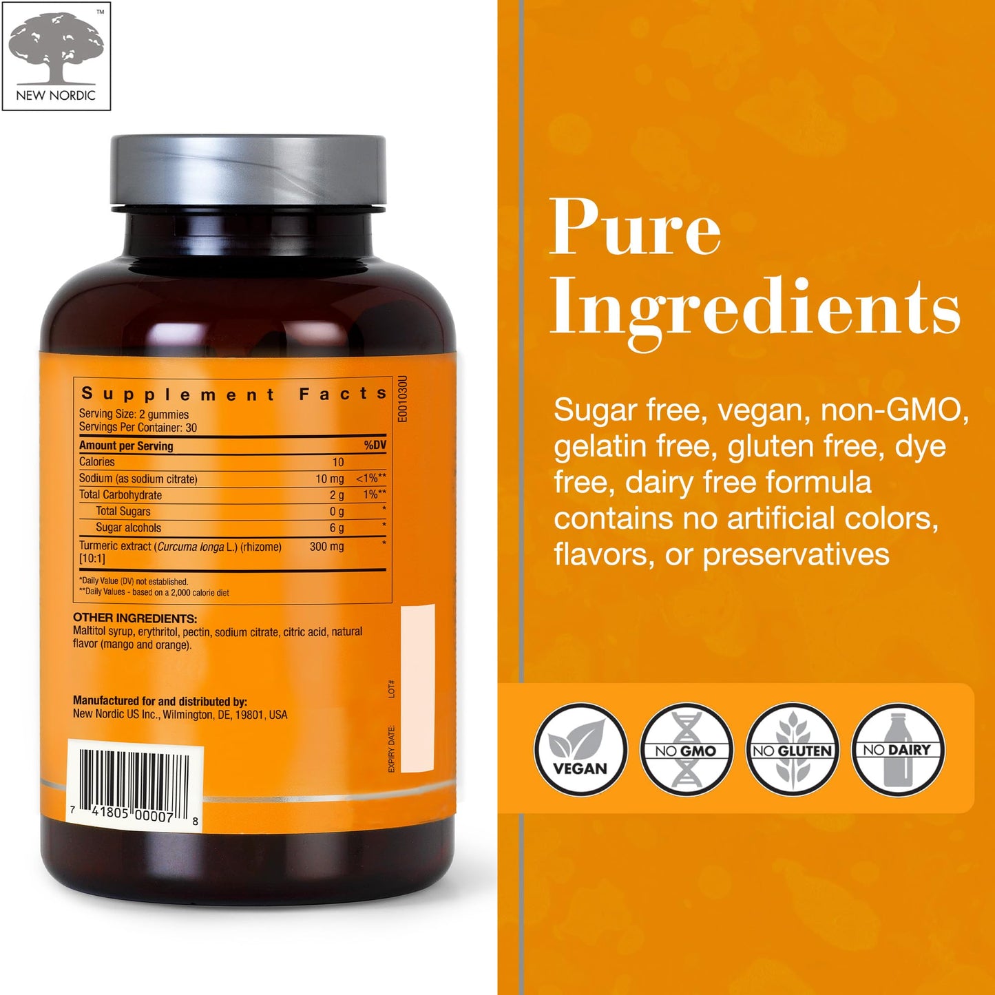 New Nordic Turmeric Curcumin Gummies – Mango Orange, Sugar Free, 300 mg Daily, 60 Count