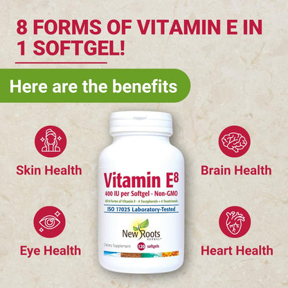 NEW ROOTS HERBAL Vitamin E 400 IU Capsules — 8 Active Forms (Tocopherols & Tocotrienols) | 120 Softgels