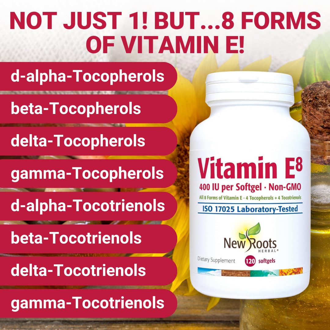 NEW ROOTS HERBAL Vitamin E 400 IU Capsules — 8 Active Forms (Tocopherols & Tocotrienols) | 120 Softgels