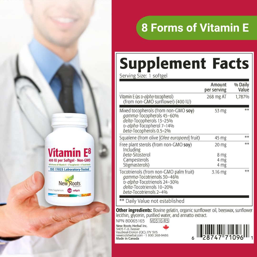 NEW ROOTS HERBAL Vitamin E 400 IU Capsules — 8 Active Forms (Tocopherols & Tocotrienols) | 120 Softgels