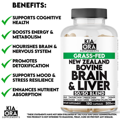 Grass-Fed Bovine Brain & Liver | Cognitive, Mood & Energy Support | New Zealand Sourced, Pasture-Raised, Freeze-Dried, Non-GMO | 180ct