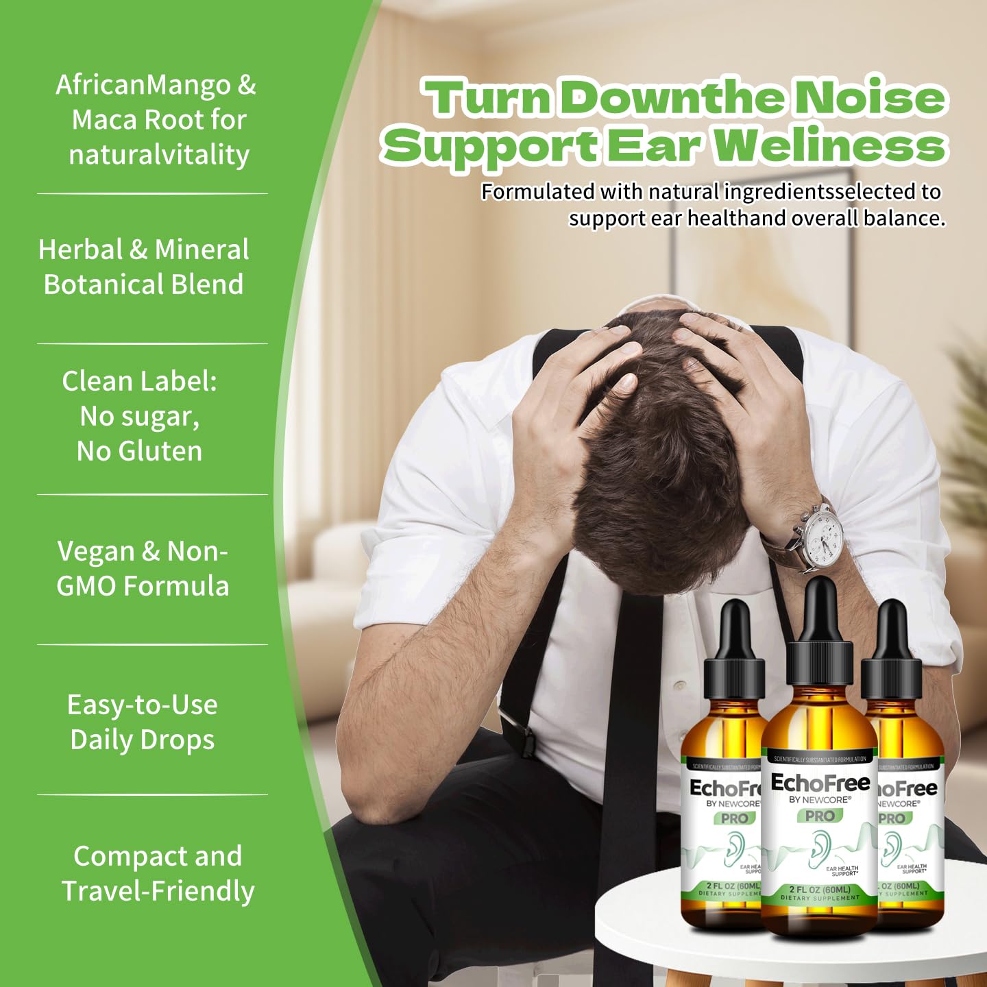 NEWCORE EchoFree PRO 2oz – Ear Wellness Formula with GABA, Ginkgo & Chromium