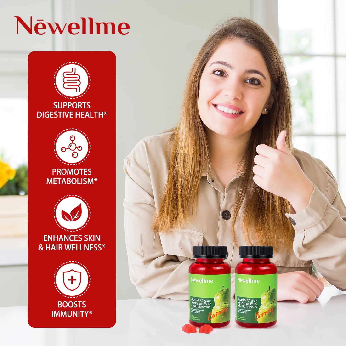 NEWELLME Sugar-Free ACV Gummies with B12 – 90 Gummies (Vegetarian, Non-GMO)