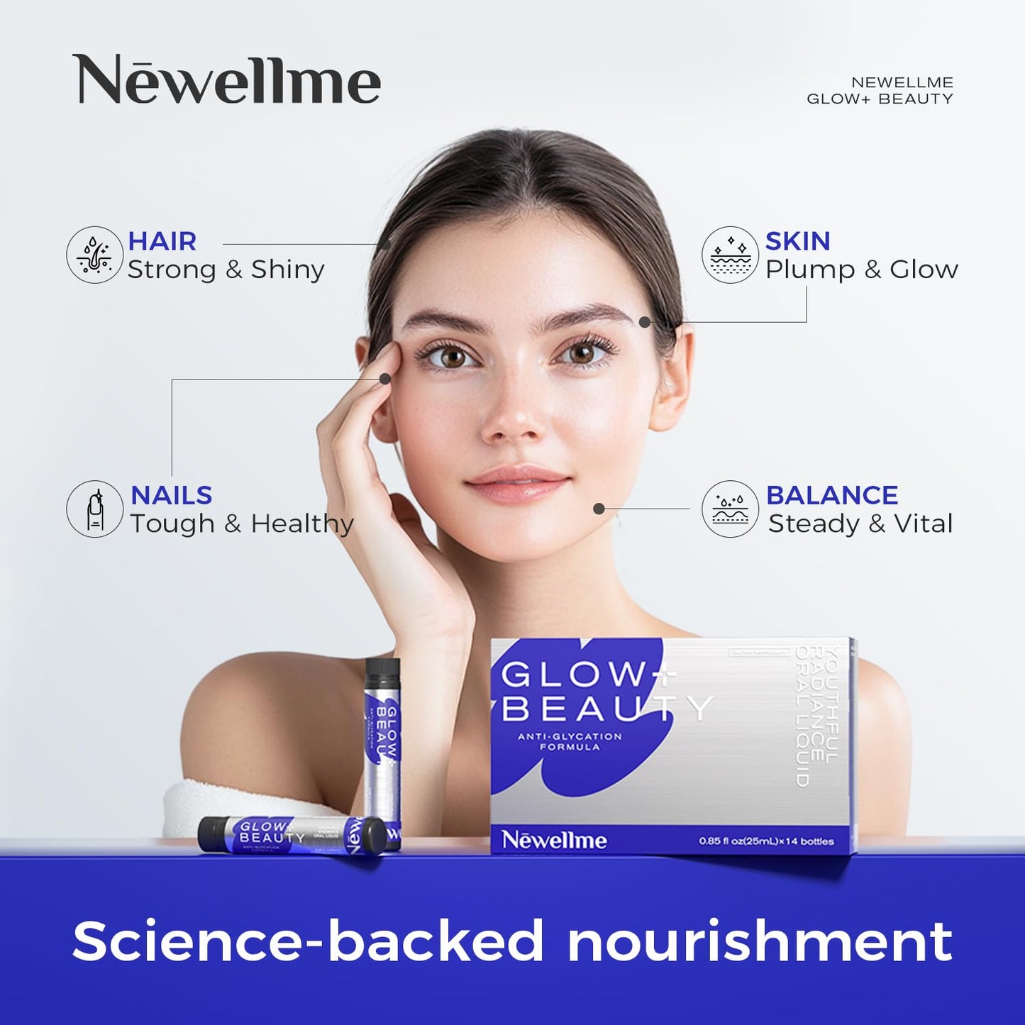 NEWELLME Glow+Beauty Collagen Drink – Liquid Beauty Supplement with Hyaluronic Acid & Antioxidants | 28 Bottles
