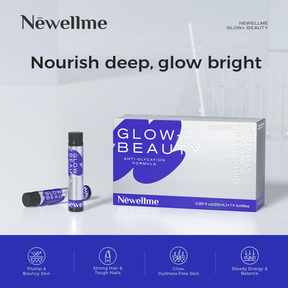 NEWELLME Glow+Beauty Collagen Drink – Liquid Beauty Supplement with Hyaluronic Acid & Antioxidants | 28 Bottles
