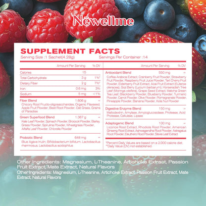 NEWELLME Happy Cleaner Berry Super Greens & Multivitamin Powder – 90+ Superfoods, 14 Pack