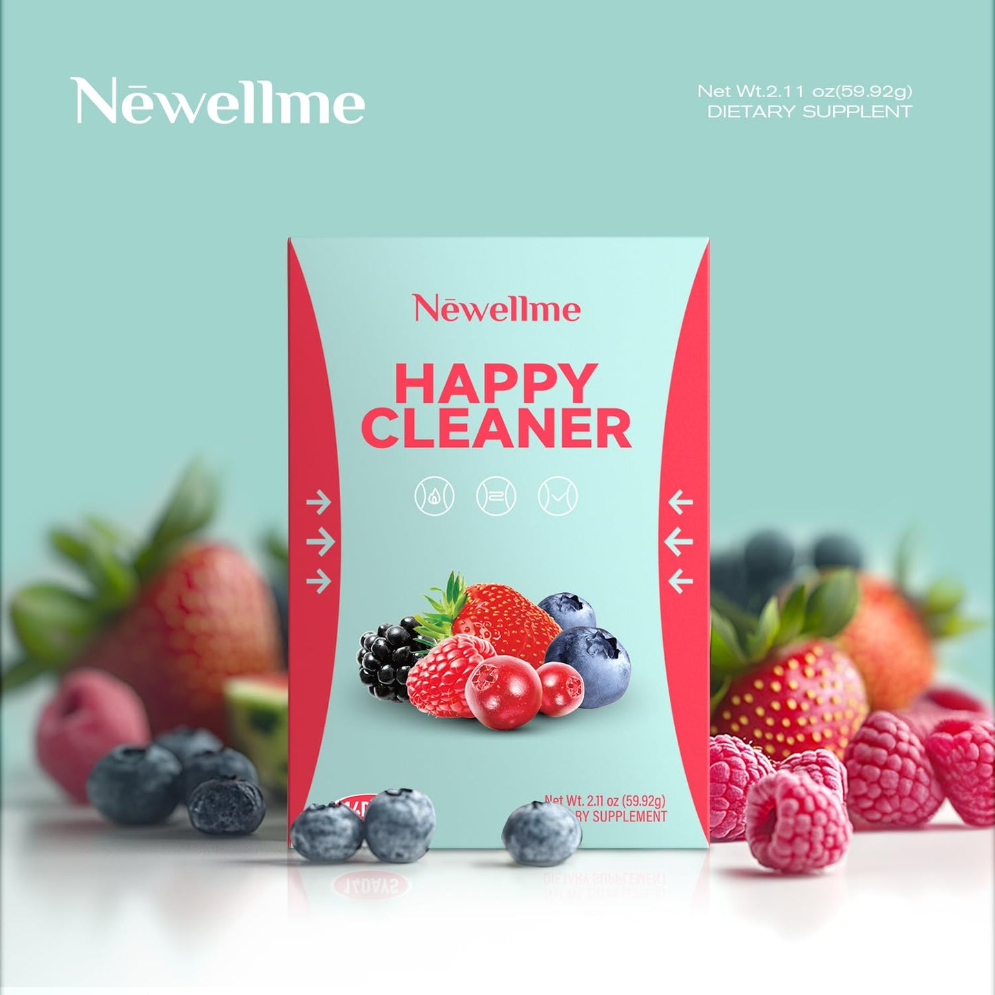 NEWELLME Happy Cleaner Super Greens Powder – Berry Drink Mix, Sugar-Free, 14 Packets, Chlorella & Spirulina