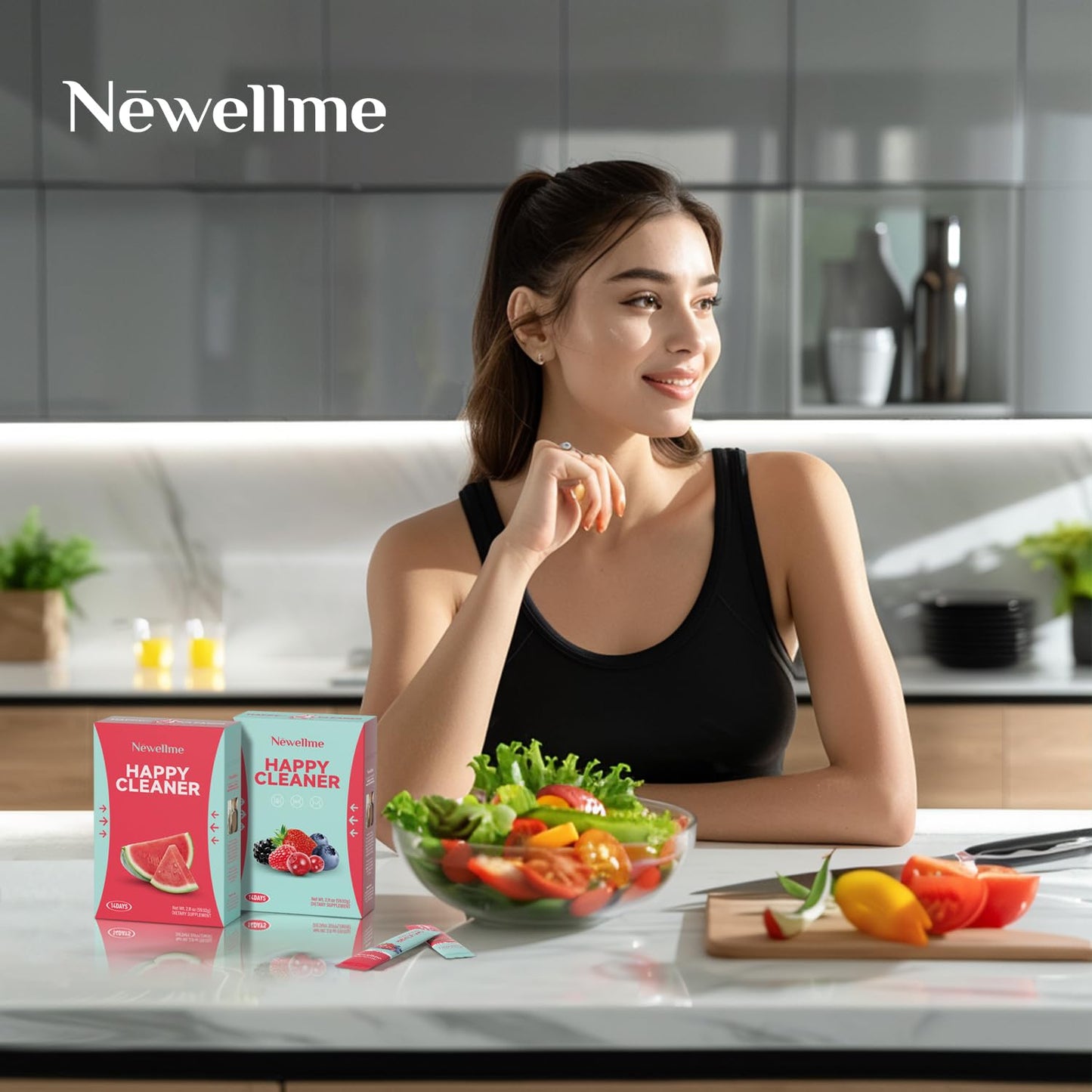 NEWELLME Happy Cleaner Super Greens Powder – Berry Drink Mix, Sugar-Free, 14 Packets, Chlorella & Spirulina