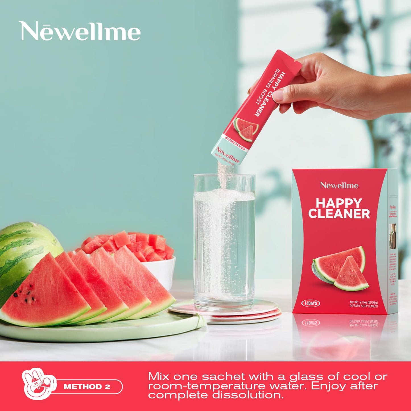 NEWELLME Happy Cleaner Super Greens & Multivitamin Powder with Alfalfa – Watermelon Flavor, 14 Pack