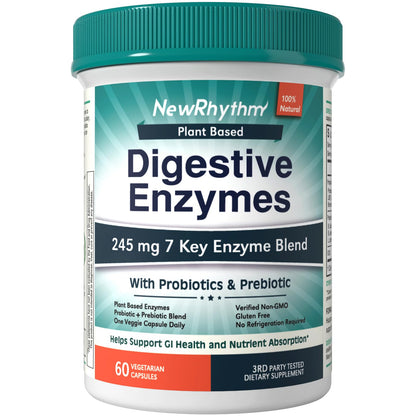 NewRhythm Digestive Enzymes 245 mg with Probiotics & Prebiotics - Plant Based, 7 Key Enzymes, 60 Vegan Capsules