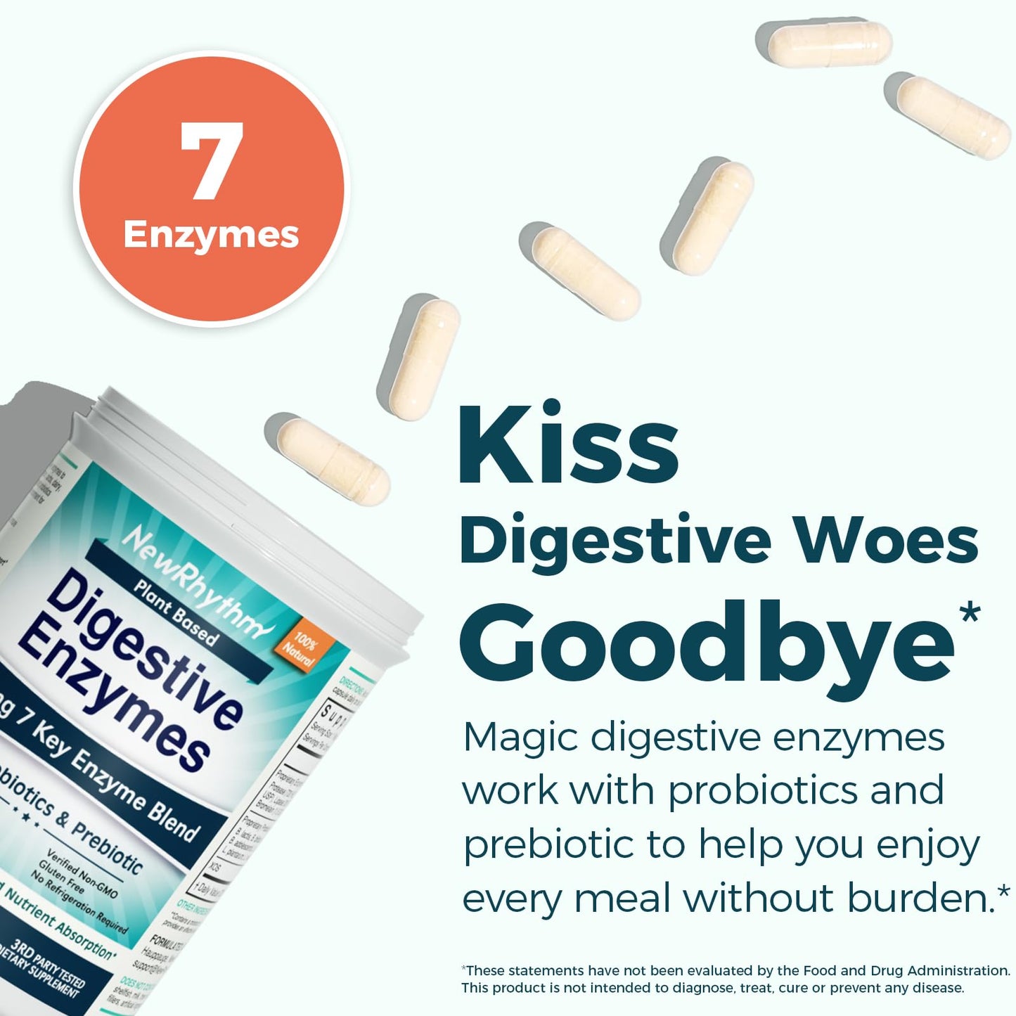NewRhythm Digestive Enzymes 245 mg with Probiotics & Prebiotics - Plant Based, 7 Key Enzymes, 60 Vegan Capsules