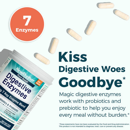 NewRhythm Digestive Enzymes 245 mg with Probiotics & Prebiotics - Plant Based, 7 Key Enzymes, 60 Vegan Capsules
