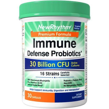 NewRhythm Probiotics for Immune Support – 30B CFU, 16 Strains, Akkermansia, Zinc, Vitamin C & D3 | Non-GMO | 30 Capsules