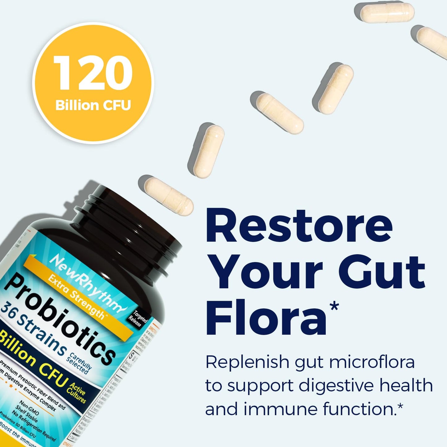 NewRhythm Probiotics 120B CFU | 36 Strains | Digestive Health & Immune Support | 30ct