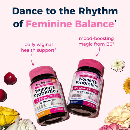 NewRhythm Women's Probiotics, Organic Cranberry for Women's Vaginal Health, 50 Billion CFU 18 Strains, Probiotics and Prebiotics, Support Digestive Health, 60 Vegan Capsules