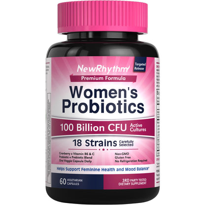 NewRhythm Probiotics for Women – 100B CFU, Cranberry, P5P, 60 Capsules