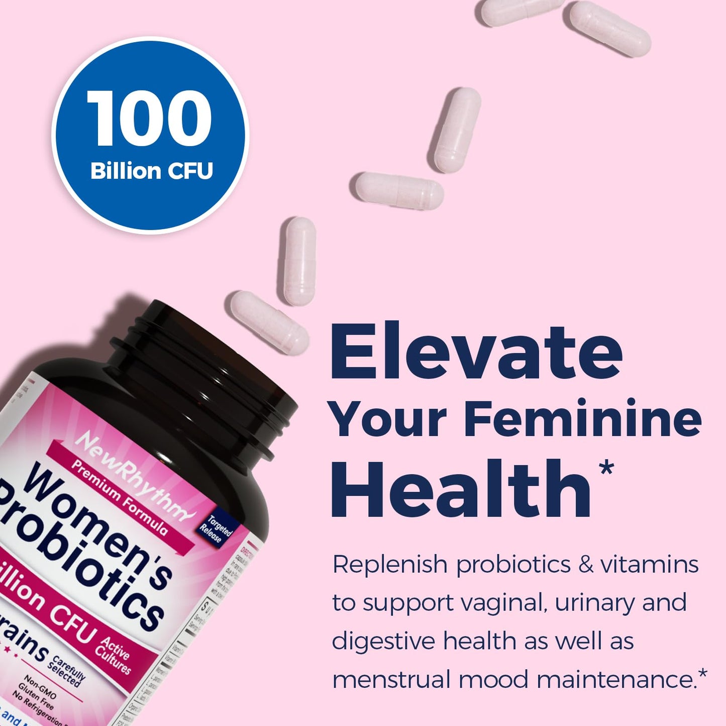 NewRhythm Probiotics for Women – 100B CFU, Cranberry, P5P, 60 Capsules