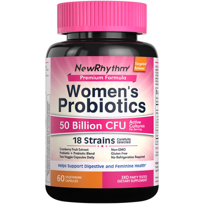 NewRhythm Women's Probiotics, Organic Cranberry for Women's Vaginal Health, 50 Billion CFU 18 Strains, Probiotics and Prebiotics, Support Digestive Health, 60 Vegan Capsules
