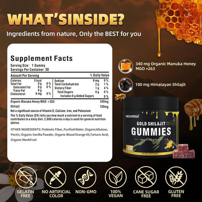 Newrish Shilajit Gummies with Manuka Honey – 30 Gummies | 85+ Trace Minerals