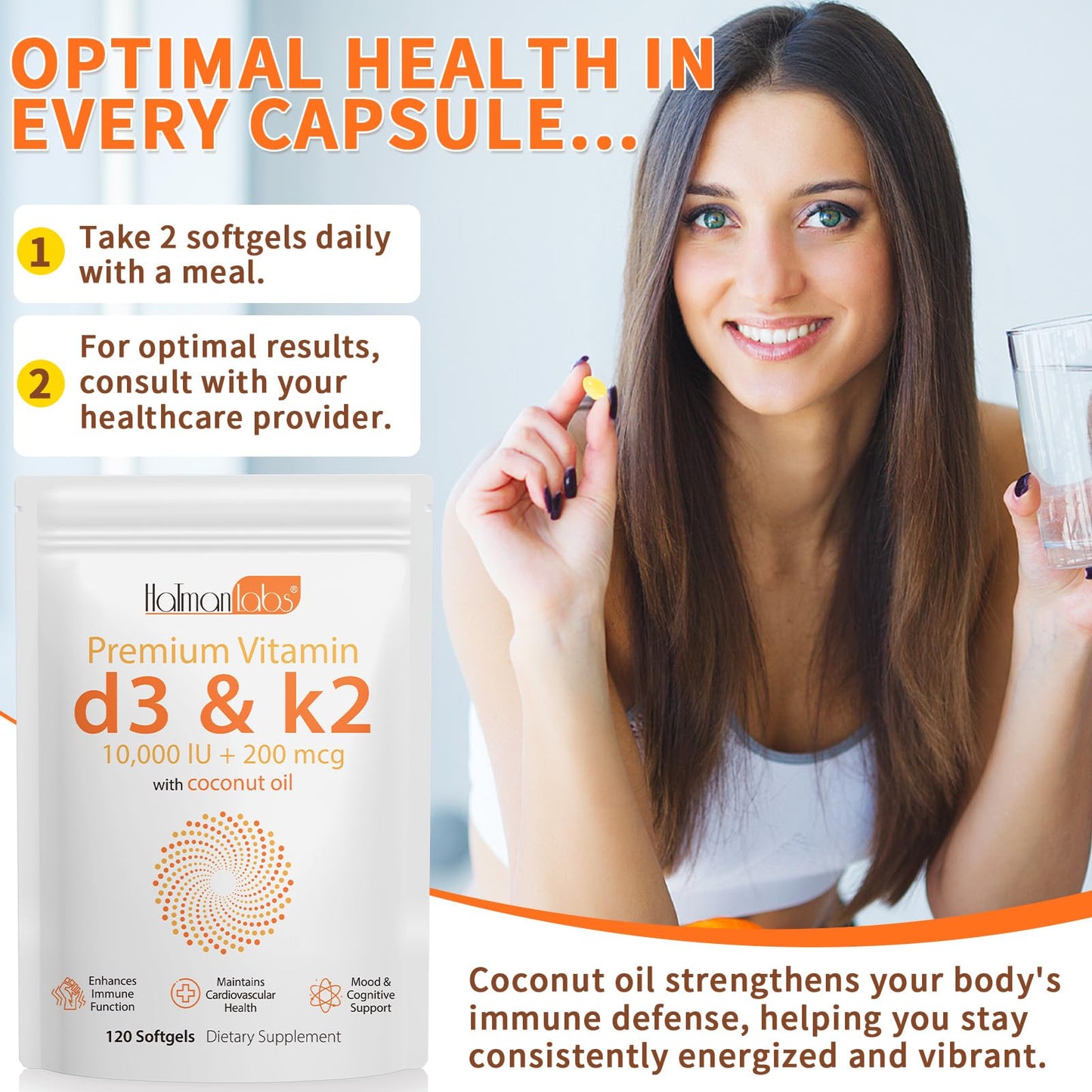 Newseel Vitamin D3 K2 Capsules | D3 & K2 with Coconut Oil – 120 Softgels
