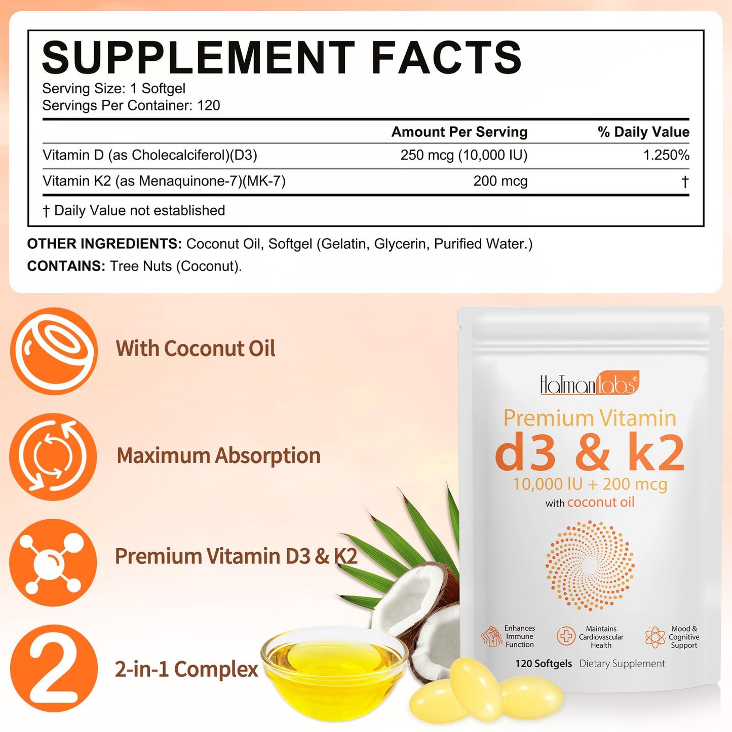 Newseel Vitamin D3 K2 Capsules | D3 & K2 with Coconut Oil – 120 Softgels
