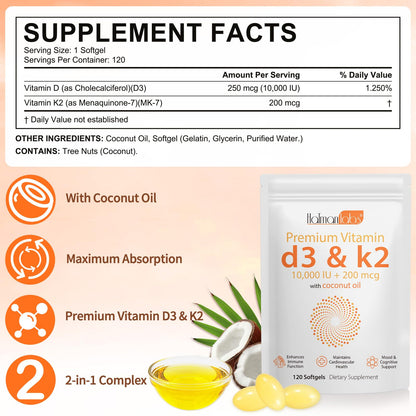 Newseel Vitamin D3 K2 Capsules | D3 & K2 with Coconut Oil – 120 Softgels