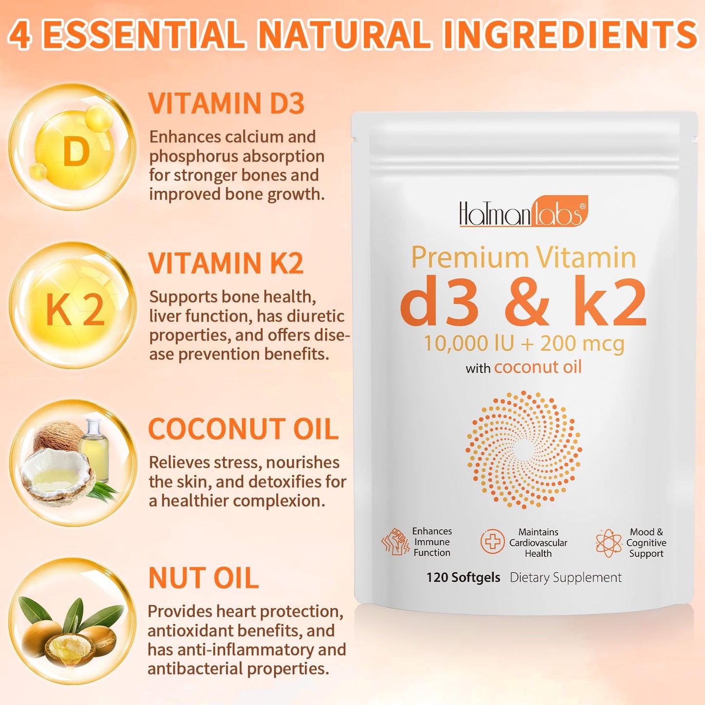 Newseel Vitamin D3 K2 Capsules | D3 & K2 with Coconut Oil – 120 Softgels