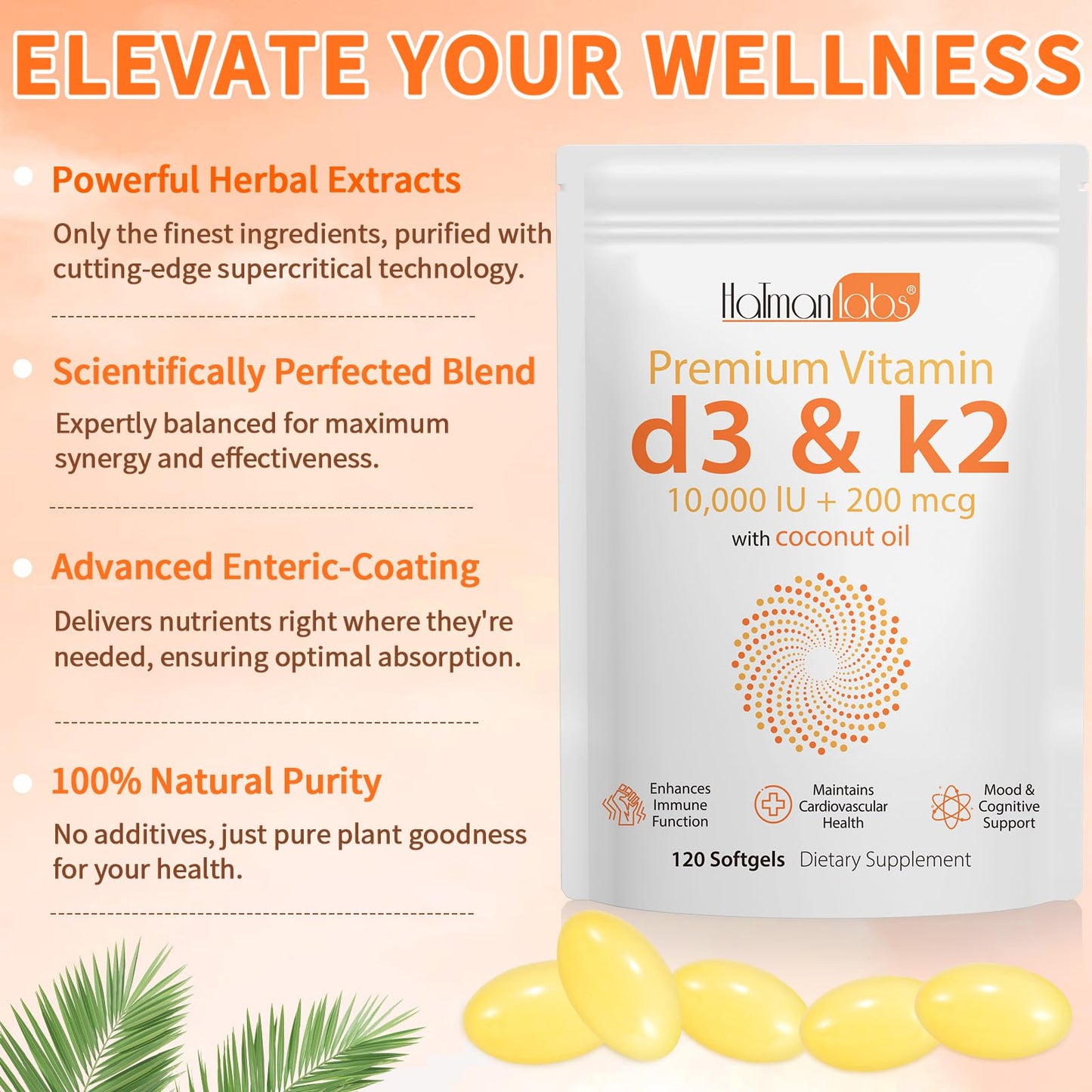 Newseel Vitamin D3 K2 Capsules | D3 & K2 with Coconut Oil – 120 Softgels
