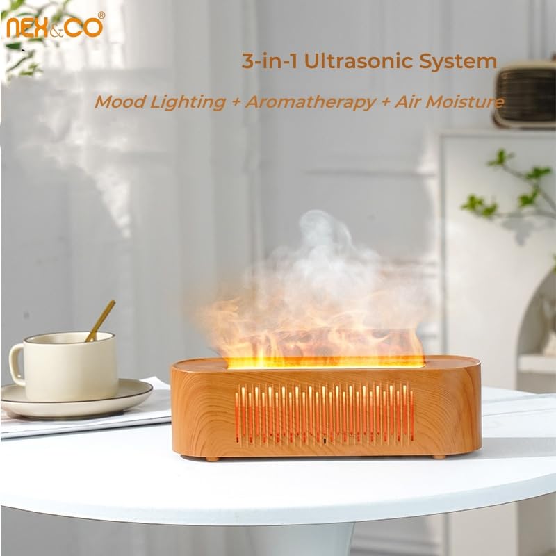 NEX&CO Infuser Aroma Diffuser Wood Grain | Faux Flame, 9 oz Tank, Ultra Quiet USB-C