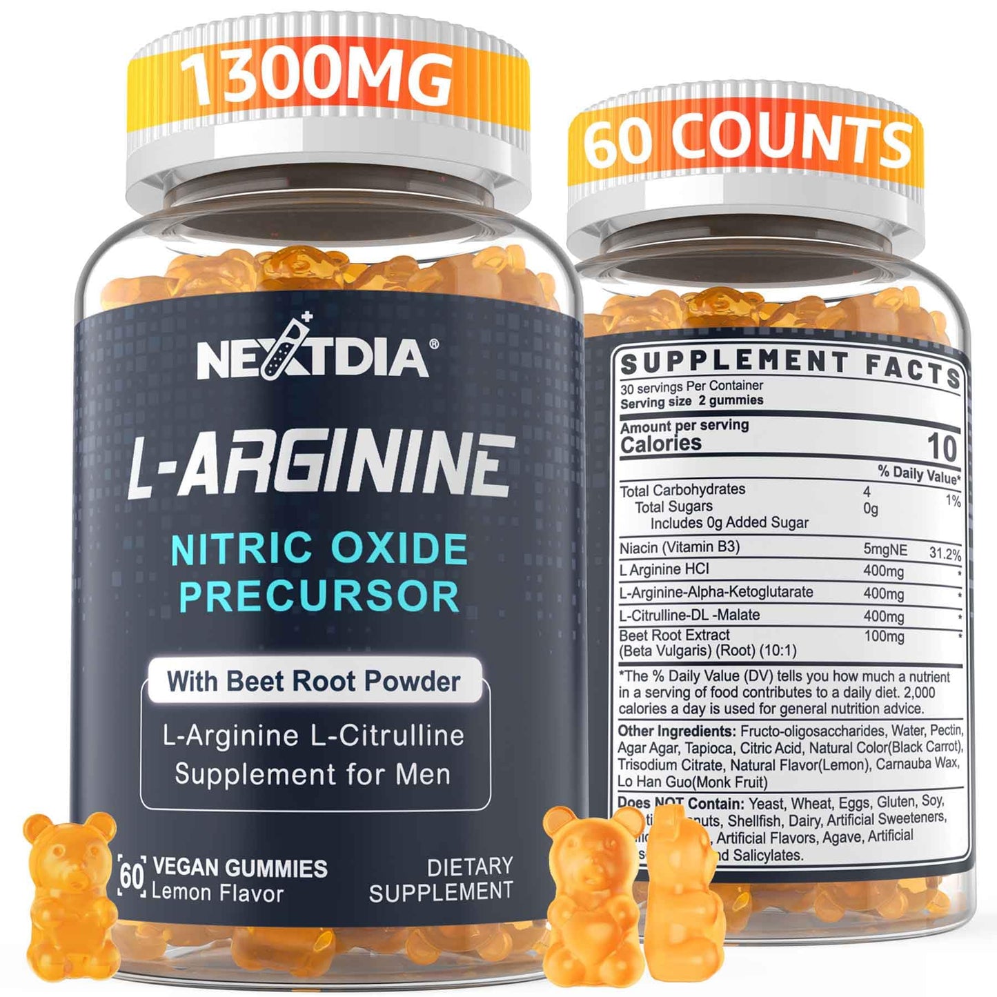 Nextdia Sugar Free L-Arginine Nitric Oxide Gummies 1300mg – Vegan, L-Citrulline, Beet Root, B3 | 60 Counts