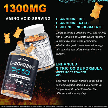 Nextdia Sugar Free L-Arginine Nitric Oxide Gummies 1300mg – Vegan, L-Citrulline, Beet Root, B3 | 60 Counts