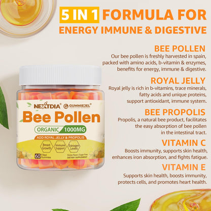 Nextdia Bee Pollen Organic 1000mg Gummies with Propolis & Royal Jelly | Sugar Free