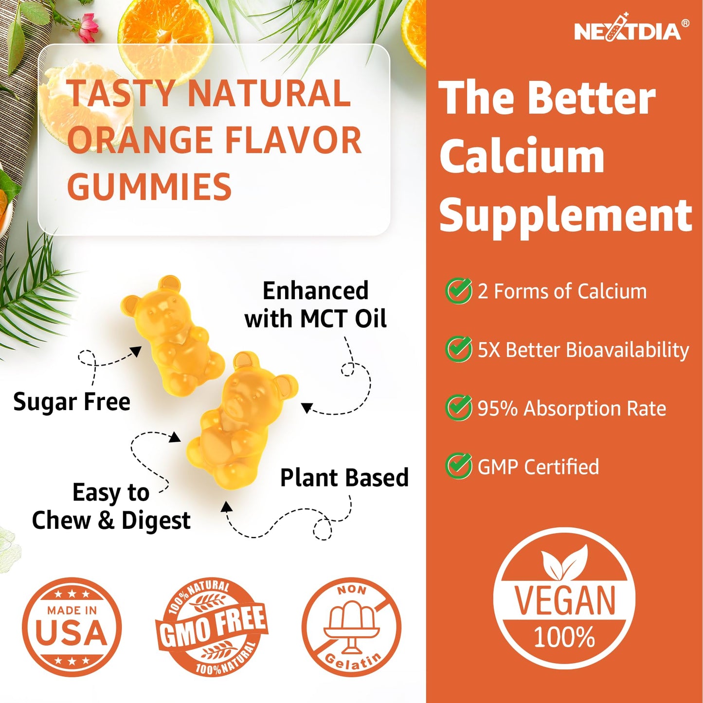 Nextdia Calcium 1200 mg Gummies with Vitamin D3, B12, K2 - Sugar Free, Vegan | Bone & Muscle Support