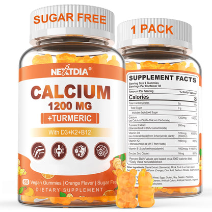Nextdia Calcium 1200 mg Gummies with Vitamin D3 – Turmeric, K2, B12 | Sugar-Free & Vegan (60 Count)