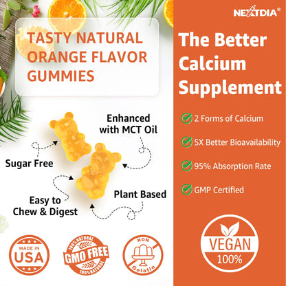 Nextdia Calcium 1200 mg Gummies with Vitamin D3 – Turmeric, K2, B12 | Sugar-Free & Vegan (60 Count)