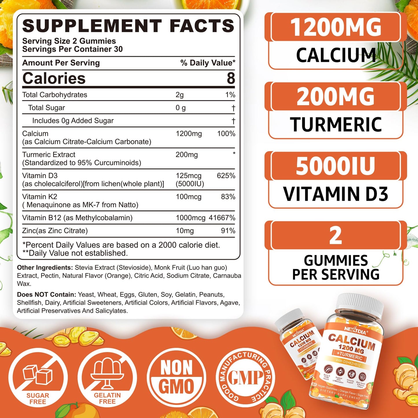 Nextdia Calcium 1200 mg Gummies with Vitamin D3, B12, K2 - Sugar Free, Vegan | Bone & Muscle Support