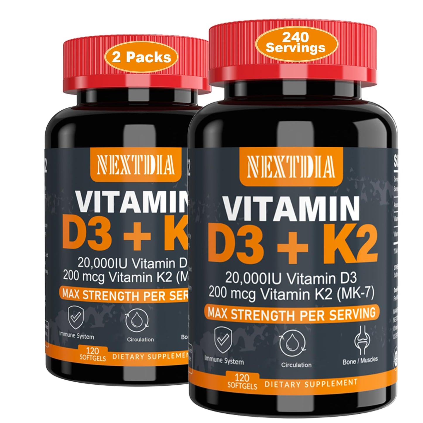 Nextdia Vitamin D3 20,000 IU + K2 MK-7 200 mcg | Strong Bones & Immunity (Pack of 2)