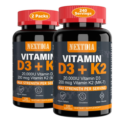 Nextdia Vitamin D3 20,000 IU + K2 MK-7 200 mcg | Strong Bones & Immunity (Pack of 2)
