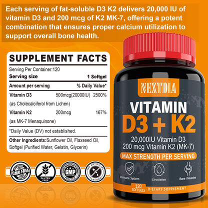Nextdia Vitamin D3 20,000 IU + K2 MK-7 200 mcg | Strong Bones & Immunity (Pack of 2)