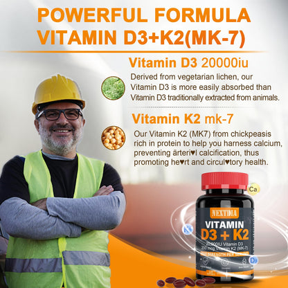 Nextdia Vitamin D3 20,000 IU + K2 MK-7 200 mcg | Strong Bones & Immunity (Pack of 2)