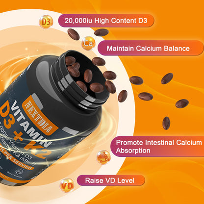 Nextdia Vitamin D3 20,000 IU + K2 MK-7 200 mcg | Strong Bones & Immunity (Pack of 2)