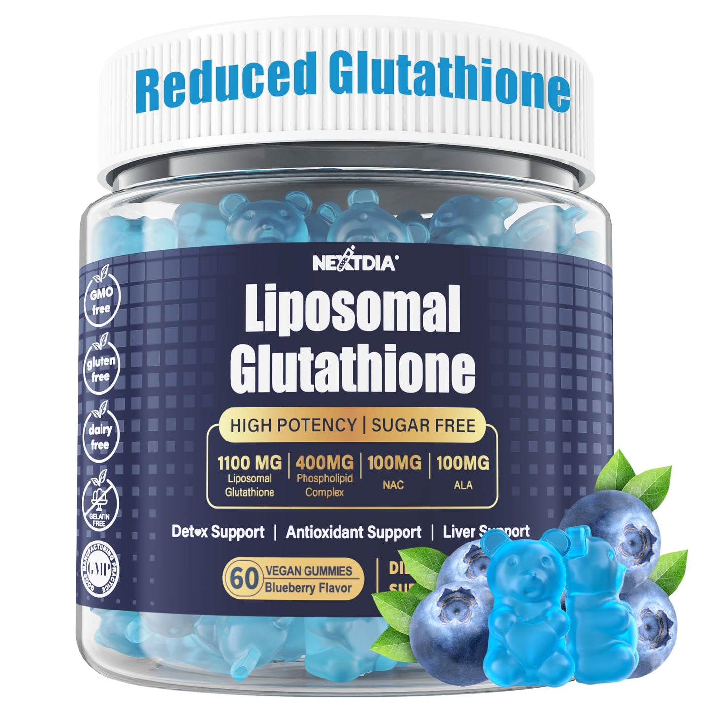 Nextdia Liposomal Glutathione Gummies 1100mg – Vegan, Immune Support & Anti-Aging, 60 Count