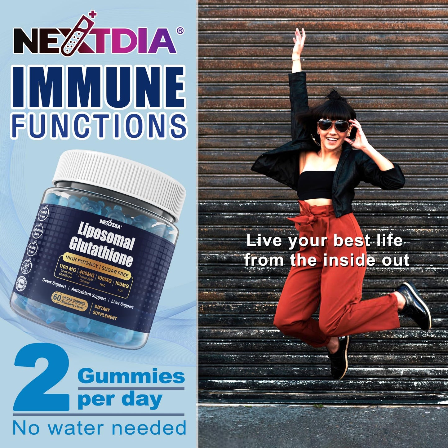 Nextdia Liposomal Glutathione Gummies 1100mg – Vegan, Immune Support & Anti-Aging, 60 Count