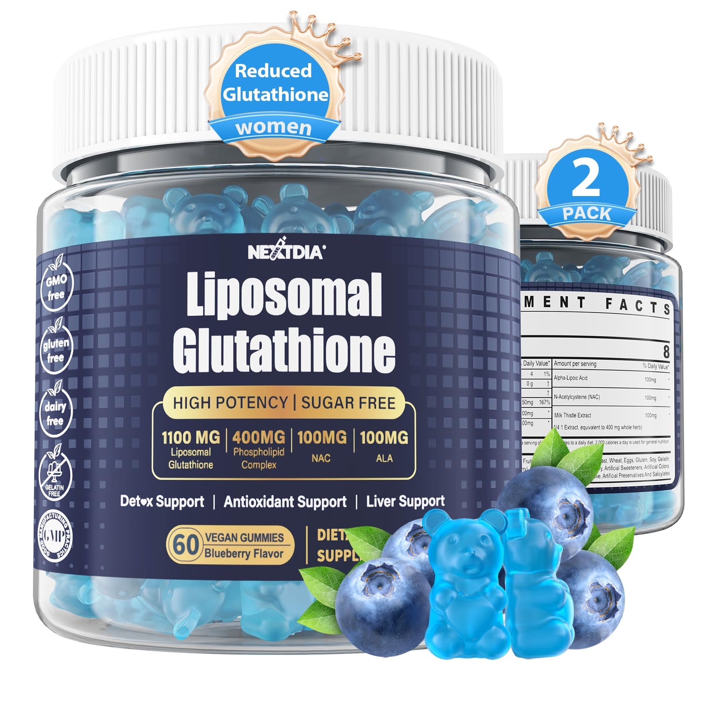 Nextdia Liposomal Glutathione Gummies Chews – 1100mg Liposomal, 98% Bioavailable + Vitamin C ALA NAC Milk Thistle – Vegan Liver Detox, 120 ct