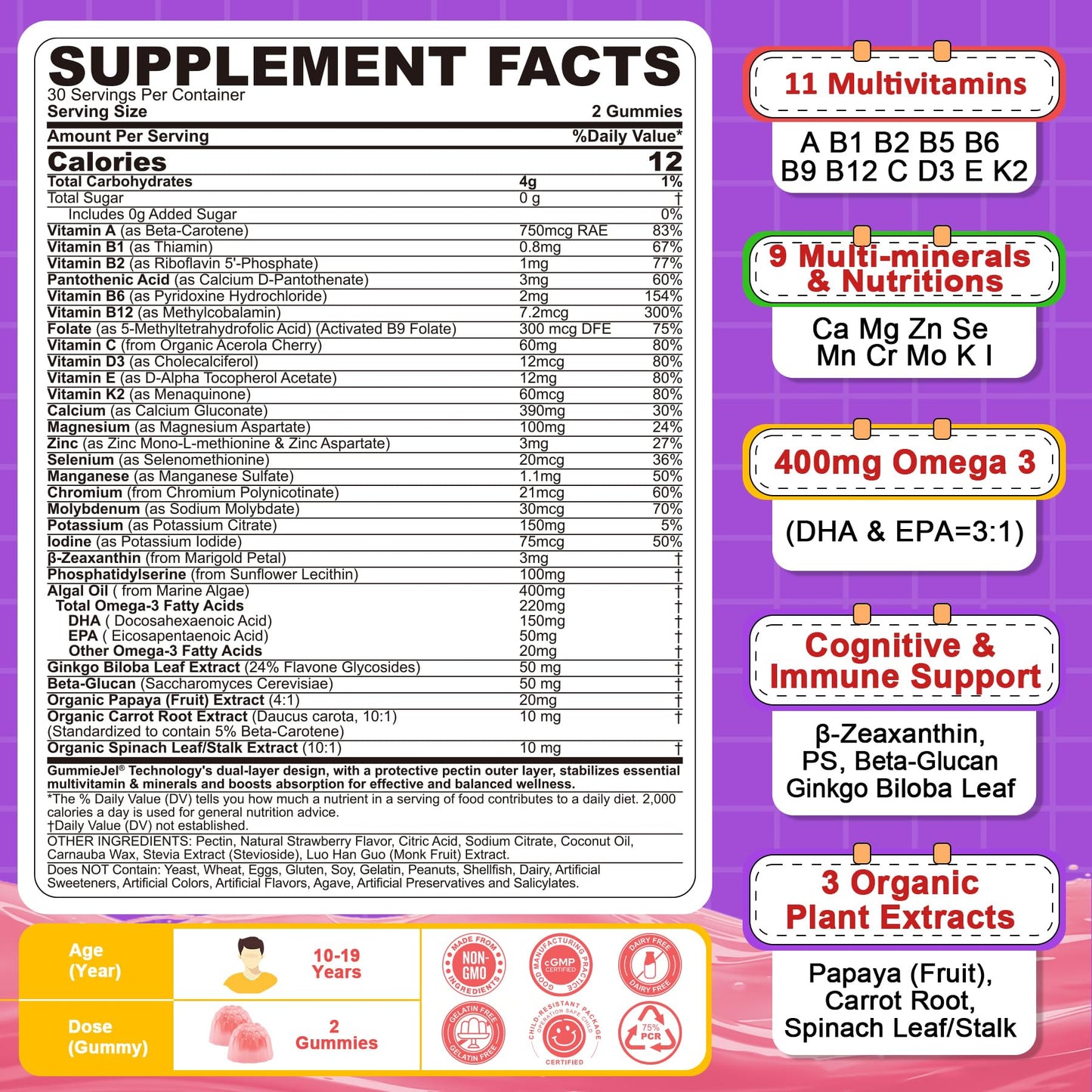 Nextdia Multivitamin Gummies for Teens 12-19 Omega-3 Calcium Zinc