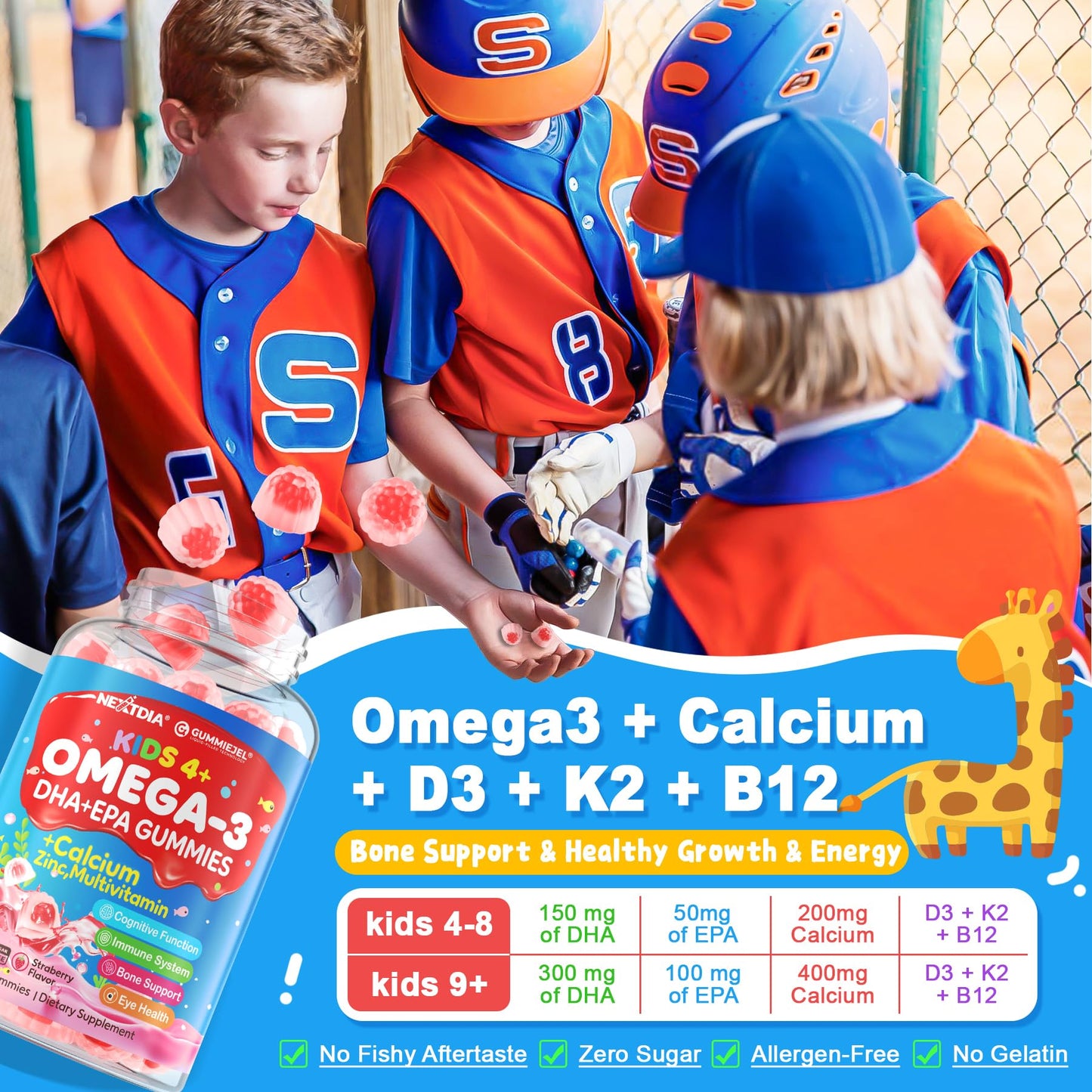 Nextdia Omega-3 Gummies for Kids – Multivitamin, Calcium, D3, K2, Zinc | Sugar Free